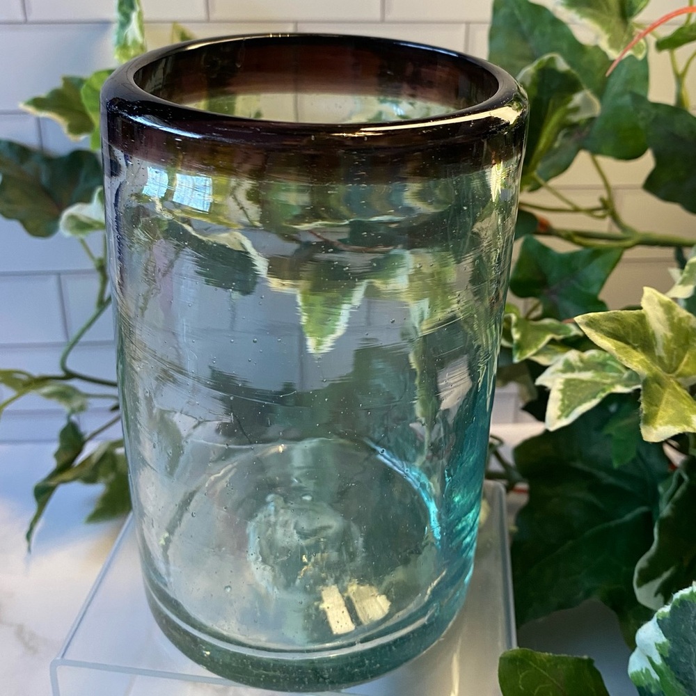 Mexican Hand-Blown Green Tint 16 oz Glass with HTF Amethyst Rim